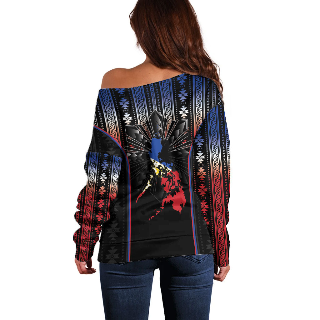 Mabuhay Philippines Festival Off Shoulder Sweater Filipino Map Sampaguita Igorot Pattern