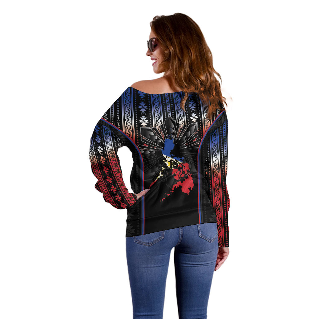 Mabuhay Philippines Festival Off Shoulder Sweater Filipino Map Sampaguita Igorot Pattern