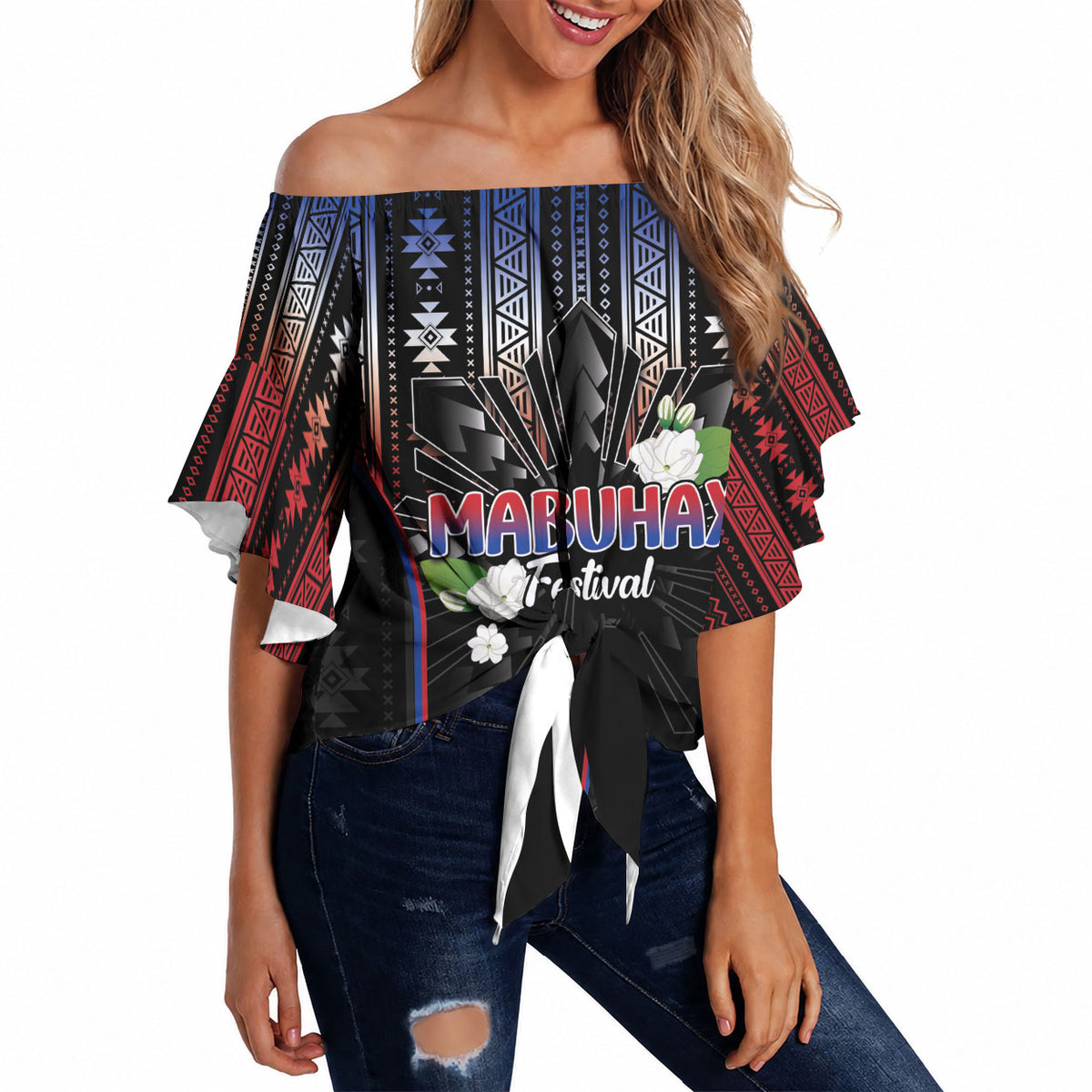 Mabuhay Philippines Festival Off Shoulder Wrap Waist Top Filipino Map Sampaguita Igorot Pattern