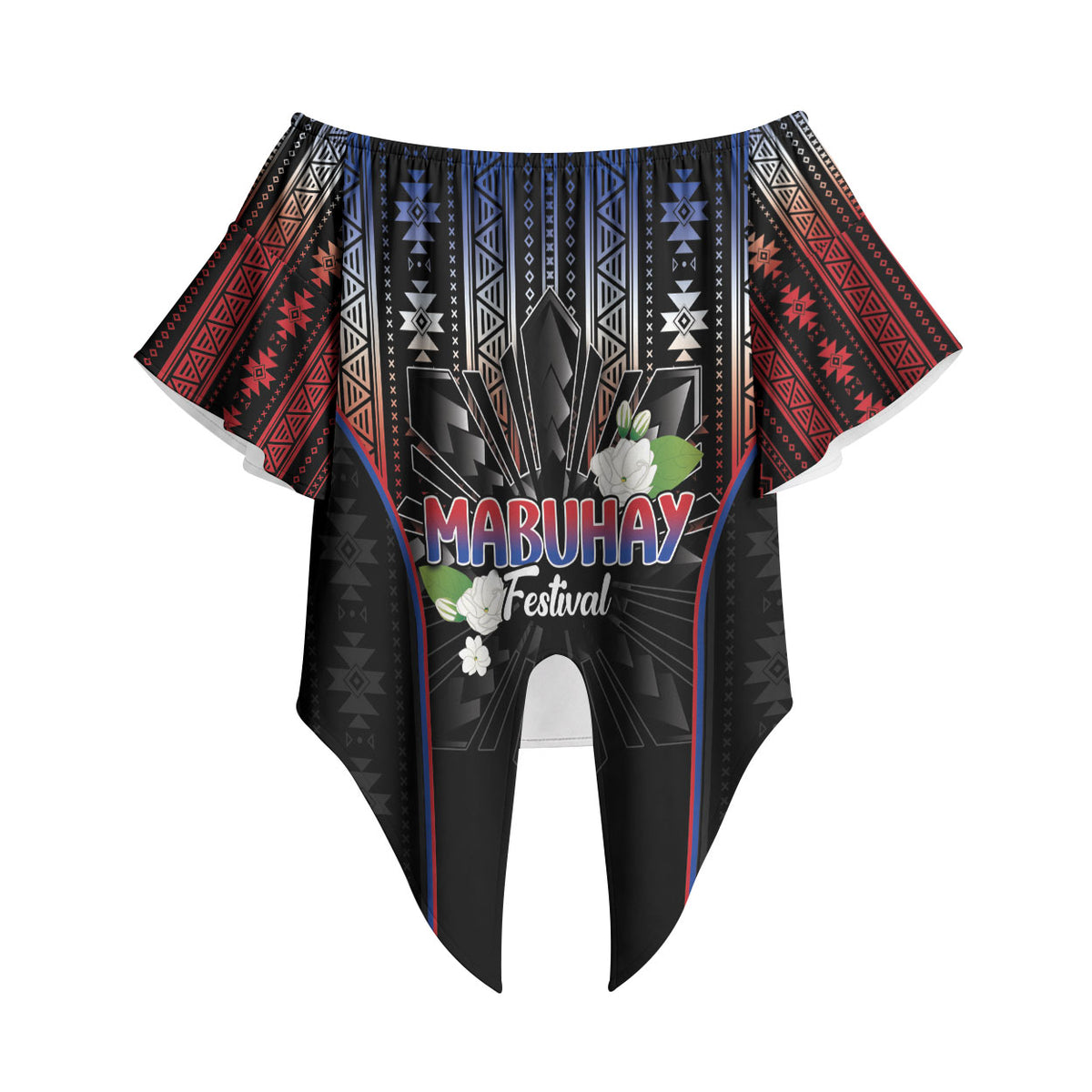 Mabuhay Philippines Festival Off Shoulder Wrap Waist Top Filipino Map Sampaguita Igorot Pattern