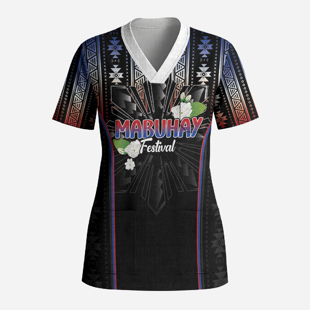 Mabuhay Philippines Festival Scrub Top Filipino Map Sampaguita Igorot Pattern