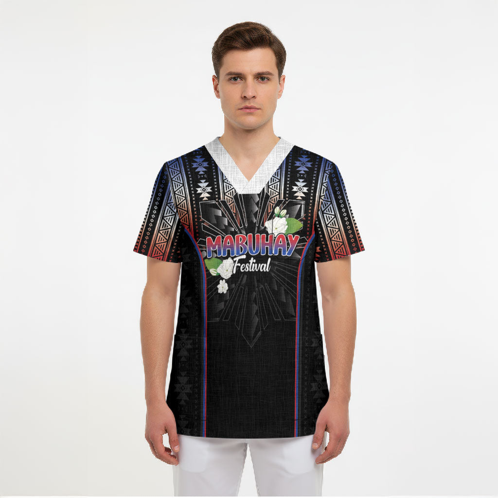 Mabuhay Philippines Festival Scrub Top Filipino Map Sampaguita Igorot Pattern
