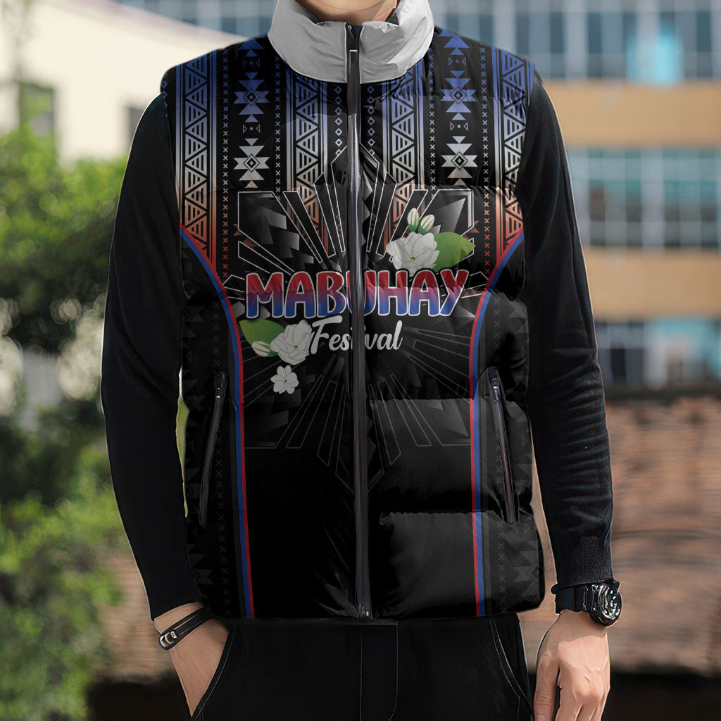 Mabuhay Philippines Festival Sleeveless Puffer Jacket Filipino Map Sampaguita Igorot Pattern