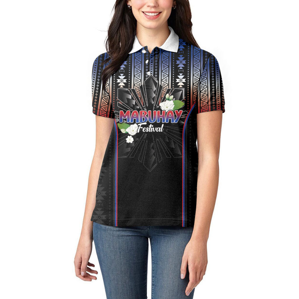 Mabuhay Philippines Festival Women Polo Shirt Filipino Map Sampaguita Igorot Pattern
