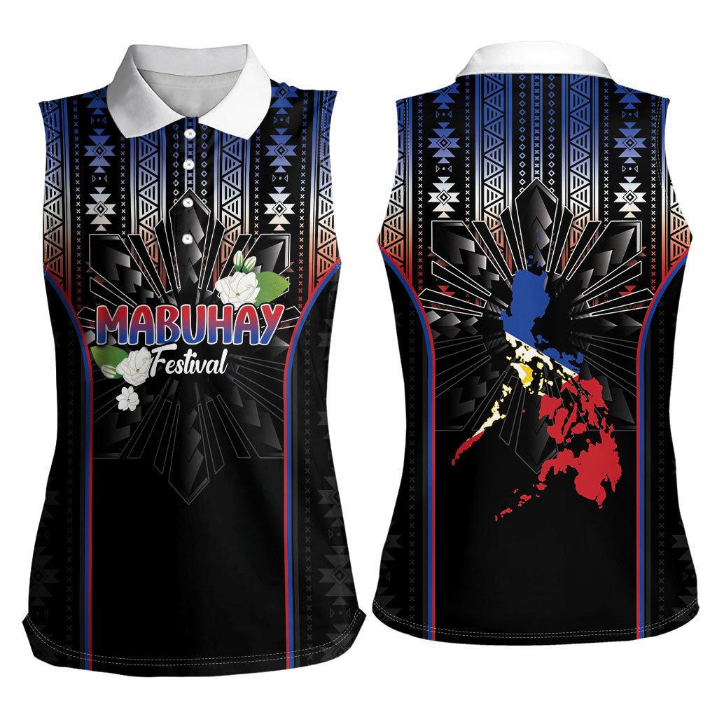 Mabuhay Philippines Festival Women Sleeveless Polo Shirt Filipino Map Sampaguita Igorot Pattern