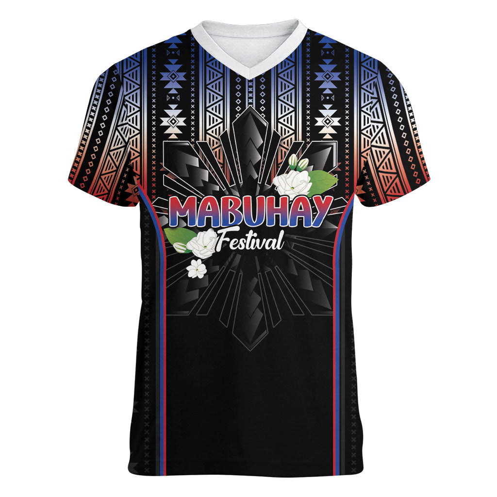 Mabuhay Philippines Festival Women V-Neck T-Shirt Filipino Map Sampaguita Igorot Pattern
