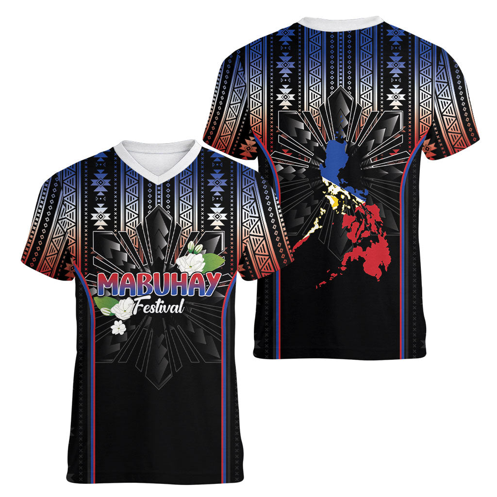Mabuhay Philippines Festival Women V-Neck T-Shirt Filipino Map Sampaguita Igorot Pattern