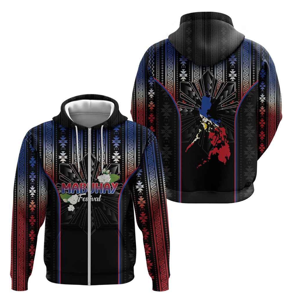 Mabuhay Philippines Festival Zip Hoodie Filipino Map Sampaguita Igorot Pattern