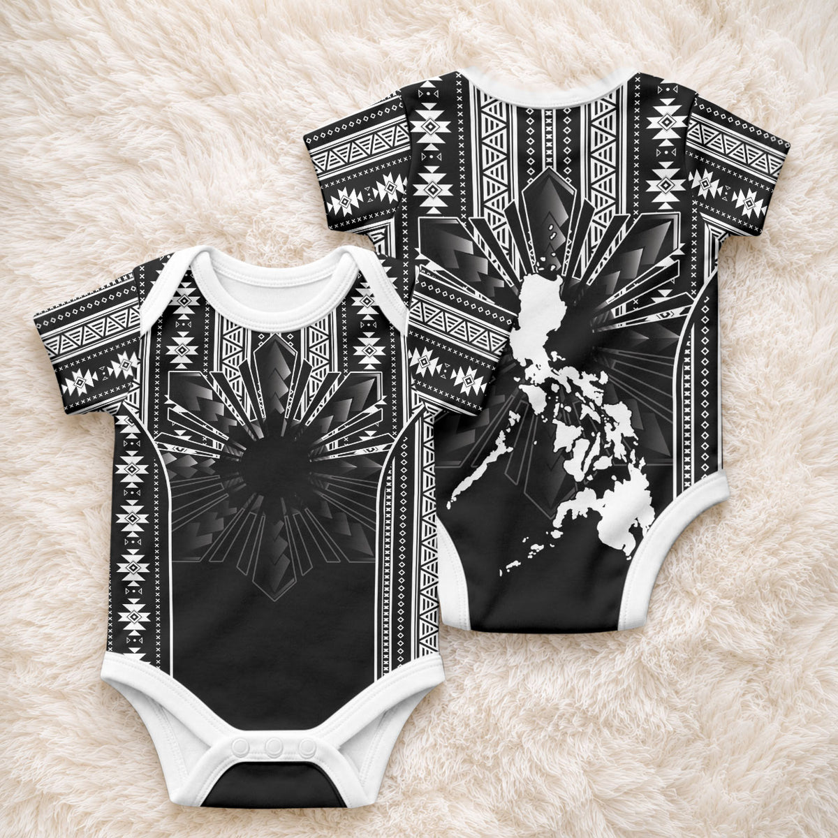 Mabuhay Philippines Festival Baby Onesie Filipino Map Black White Igorot Pattern