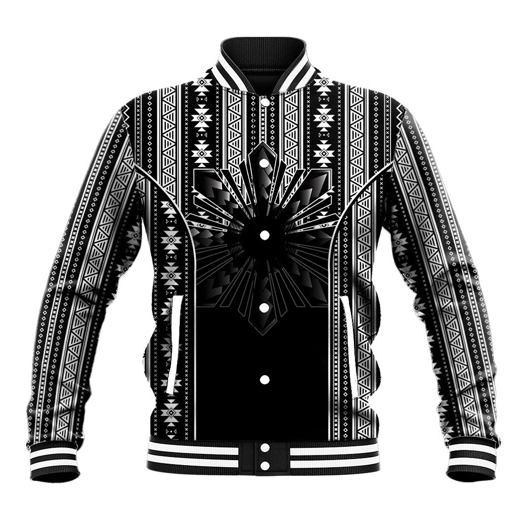 Mabuhay Philippines Festival Baseball Jacket Filipino Map Black White Igorot Pattern