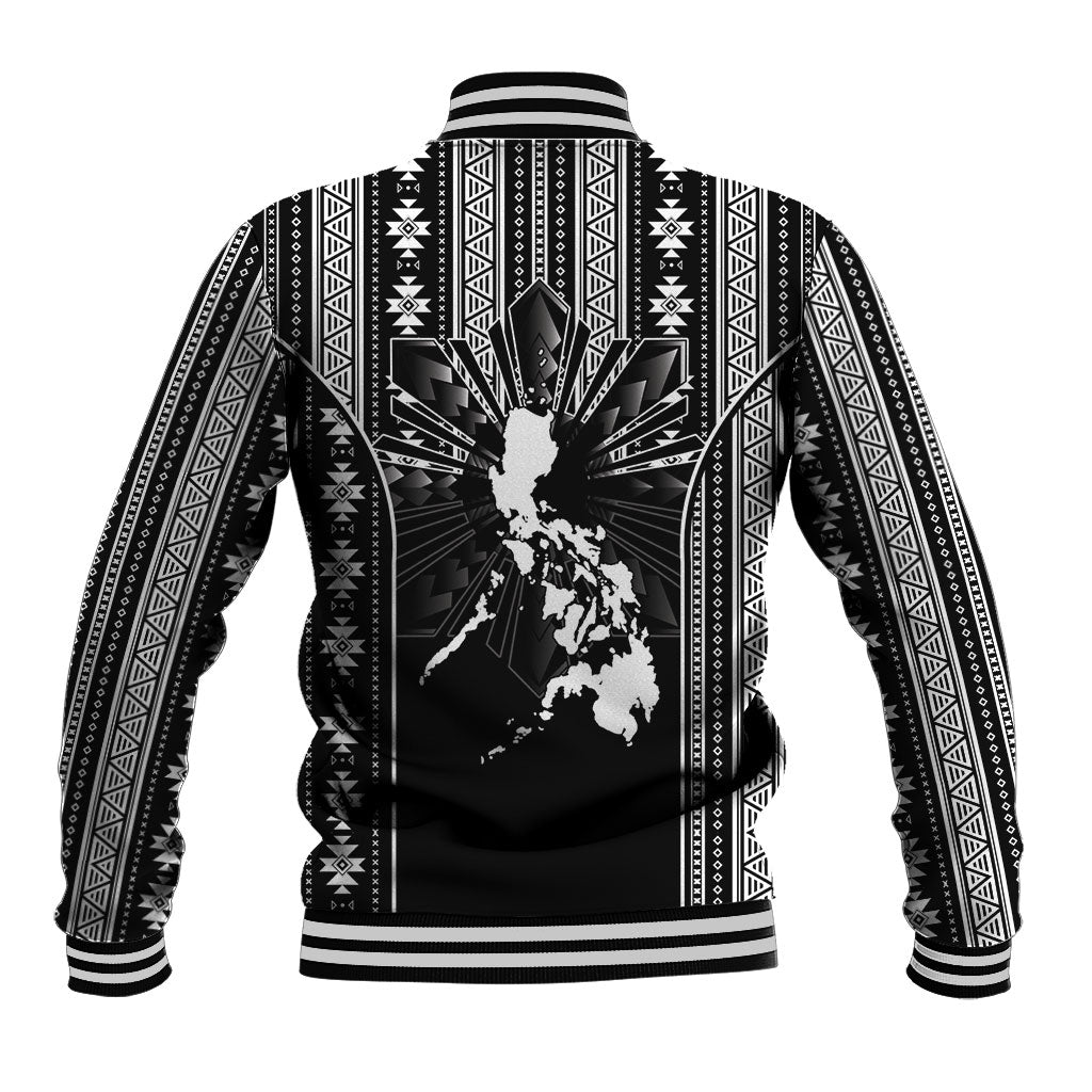 Mabuhay Philippines Festival Baseball Jacket Filipino Map Black White Igorot Pattern