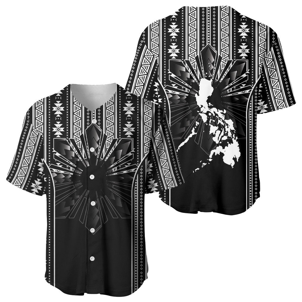 Mabuhay Philippines Festival Baseball Jersey Filipino Map Black White Igorot Pattern