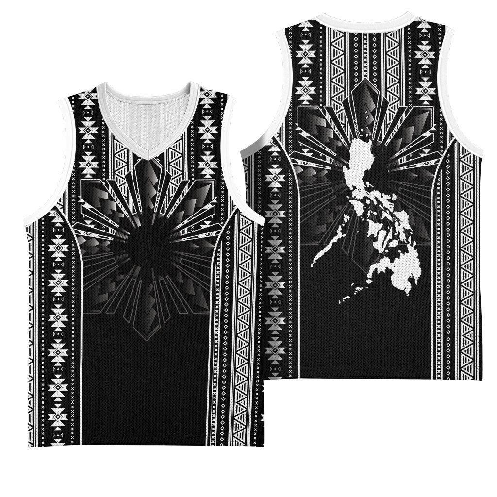 Mabuhay Philippines Festival Basketball Jersey Filipino Map Black White Igorot Pattern