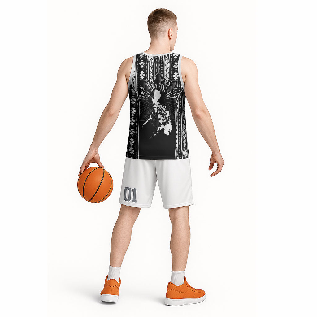 Mabuhay Philippines Festival Basketball Jersey Filipino Map Black White Igorot Pattern