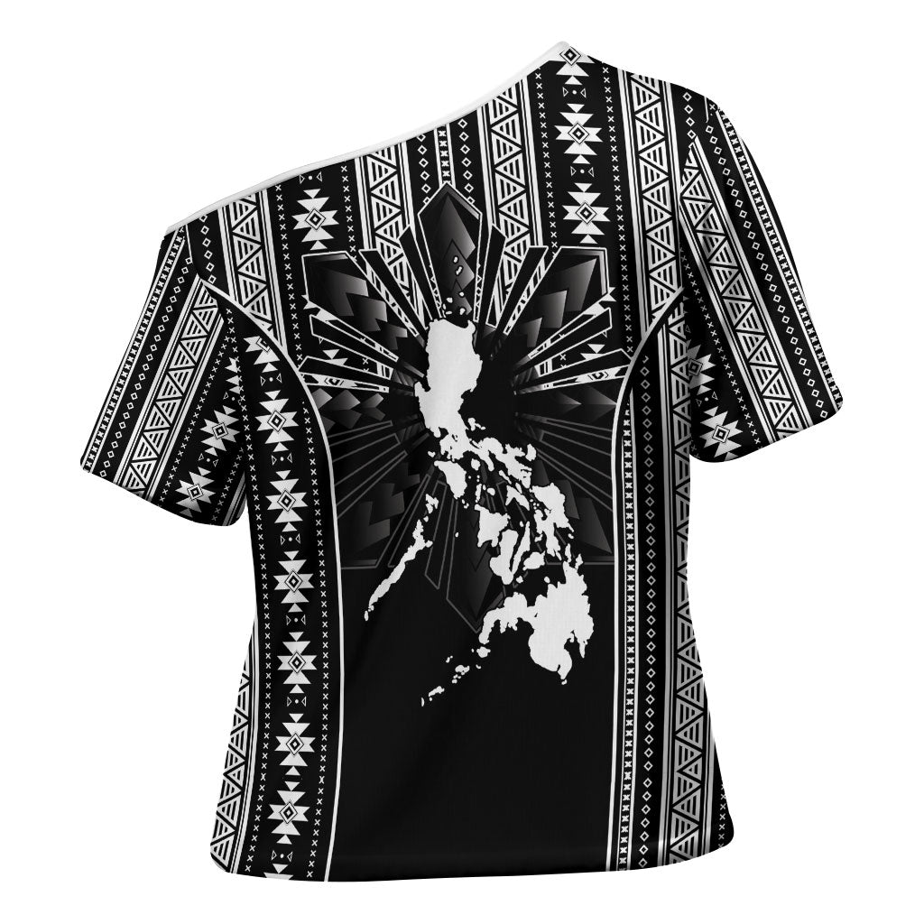 Mabuhay Philippines Festival Cross Shoulder Shirt Filipino Map Black White Igorot Pattern