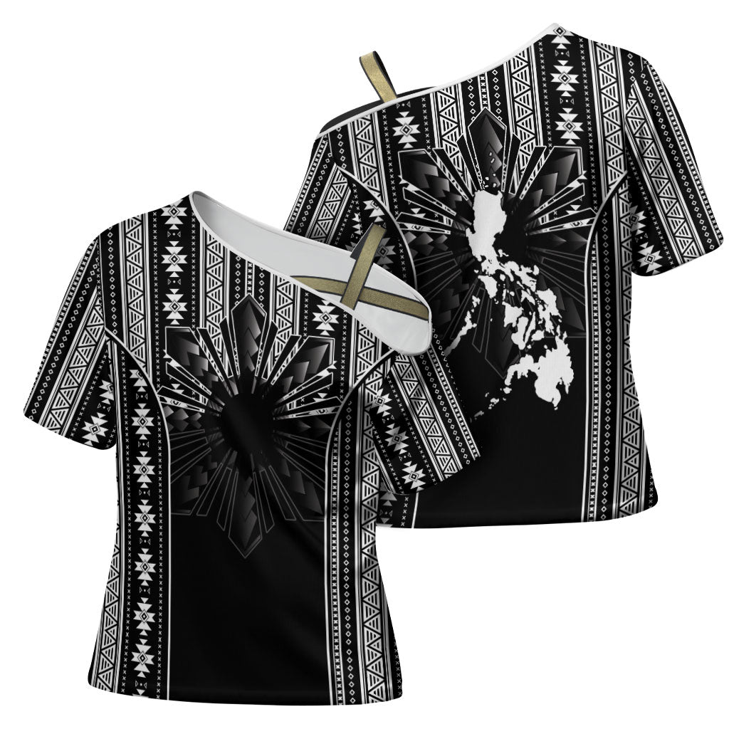 Mabuhay Philippines Festival Cross Shoulder Shirt Filipino Map Black White Igorot Pattern