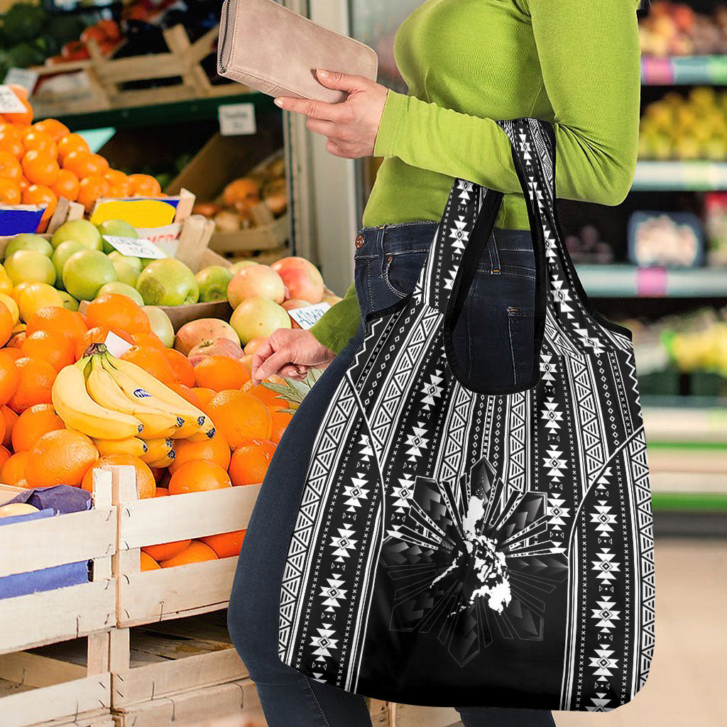 Mabuhay Philippines Festival Grocery Bag Filipino Map Black White Igorot Pattern