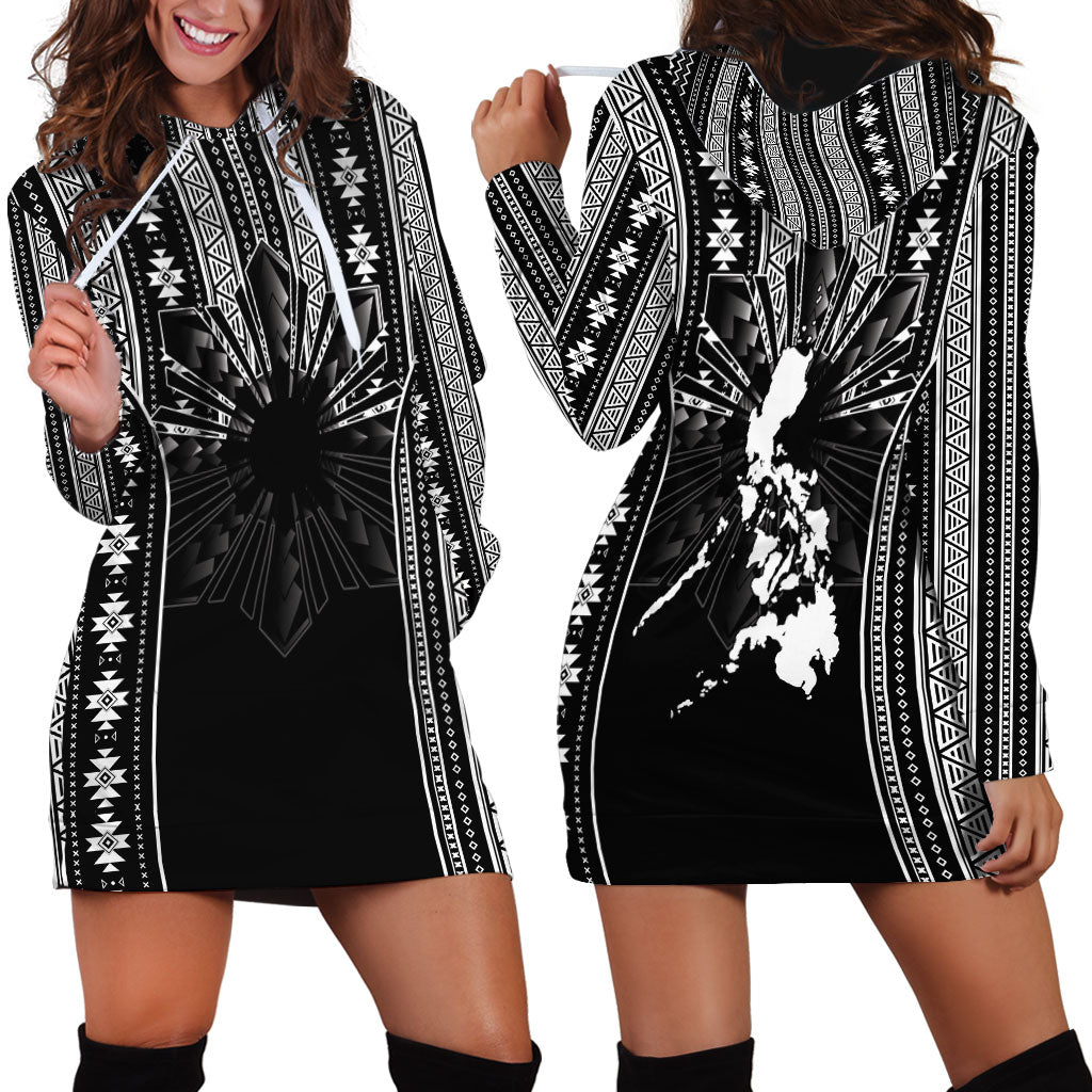 Mabuhay Philippines Festival Hoodie Dress Filipino Map Black White Igorot Pattern