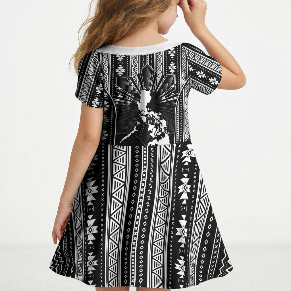 Mabuhay Philippines Festival Kid Short Sleeve Dress Filipino Map Black White Igorot Pattern