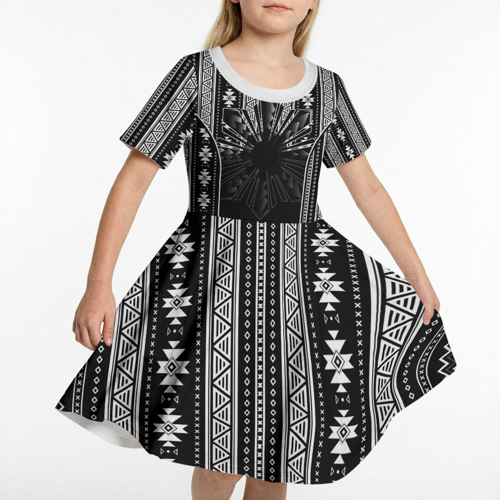 Mabuhay Philippines Festival Kid Short Sleeve Dress Filipino Map Black White Igorot Pattern