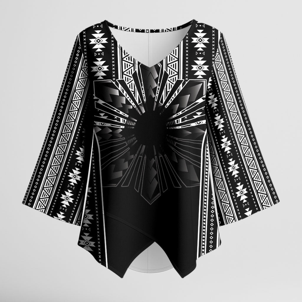 Mabuhay Philippines Festival Kimono Sleeve Blouse Filipino Map Black White Igorot Pattern
