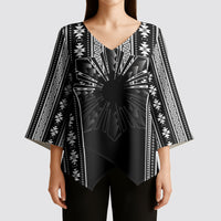 Mabuhay Philippines Festival Kimono Sleeve Blouse Filipino Map Black White Igorot Pattern
