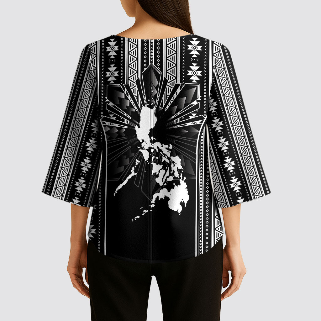 Mabuhay Philippines Festival Kimono Sleeve Blouse Filipino Map Black White Igorot Pattern