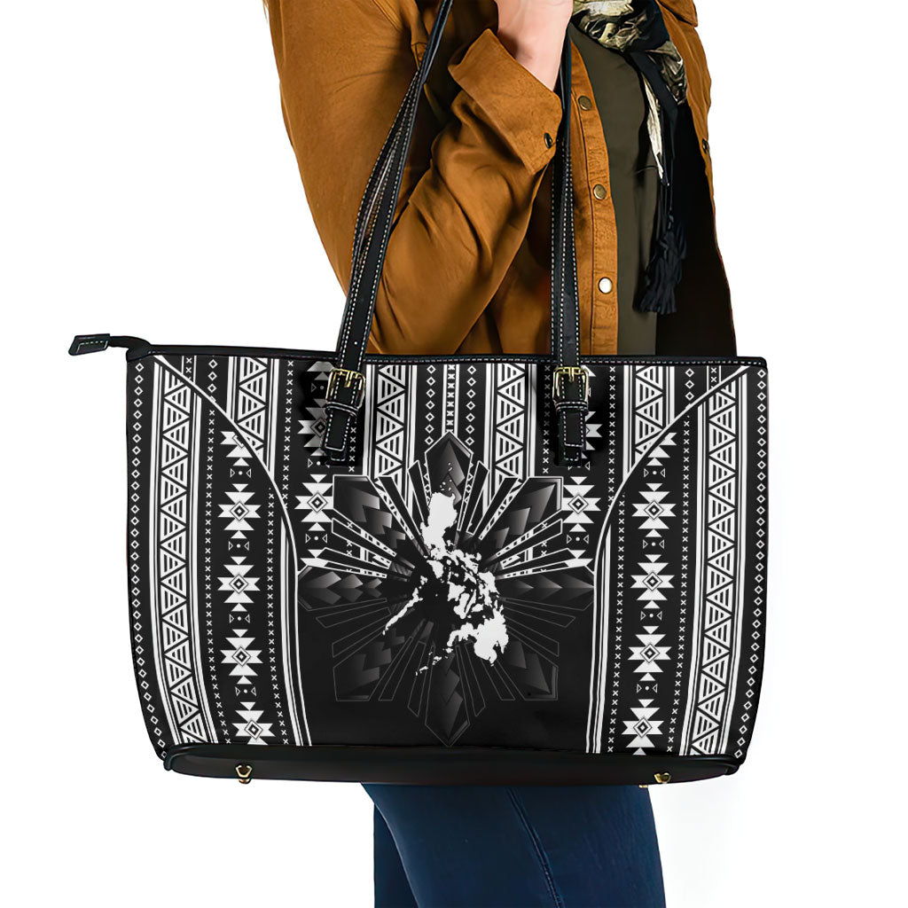 Mabuhay Philippines Festival Leather Tote Bag Filipino Map Black White Igorot Pattern