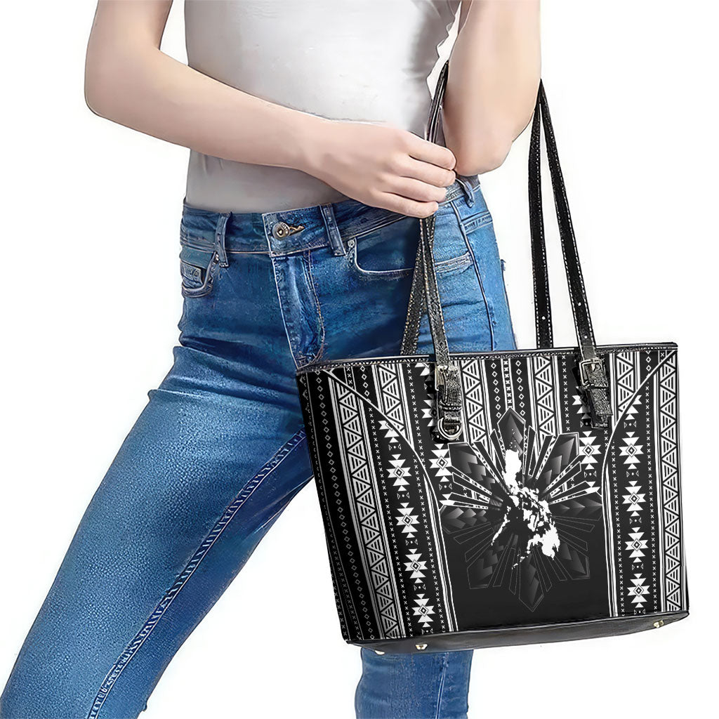 Mabuhay Philippines Festival Leather Tote Bag Filipino Map Black White Igorot Pattern