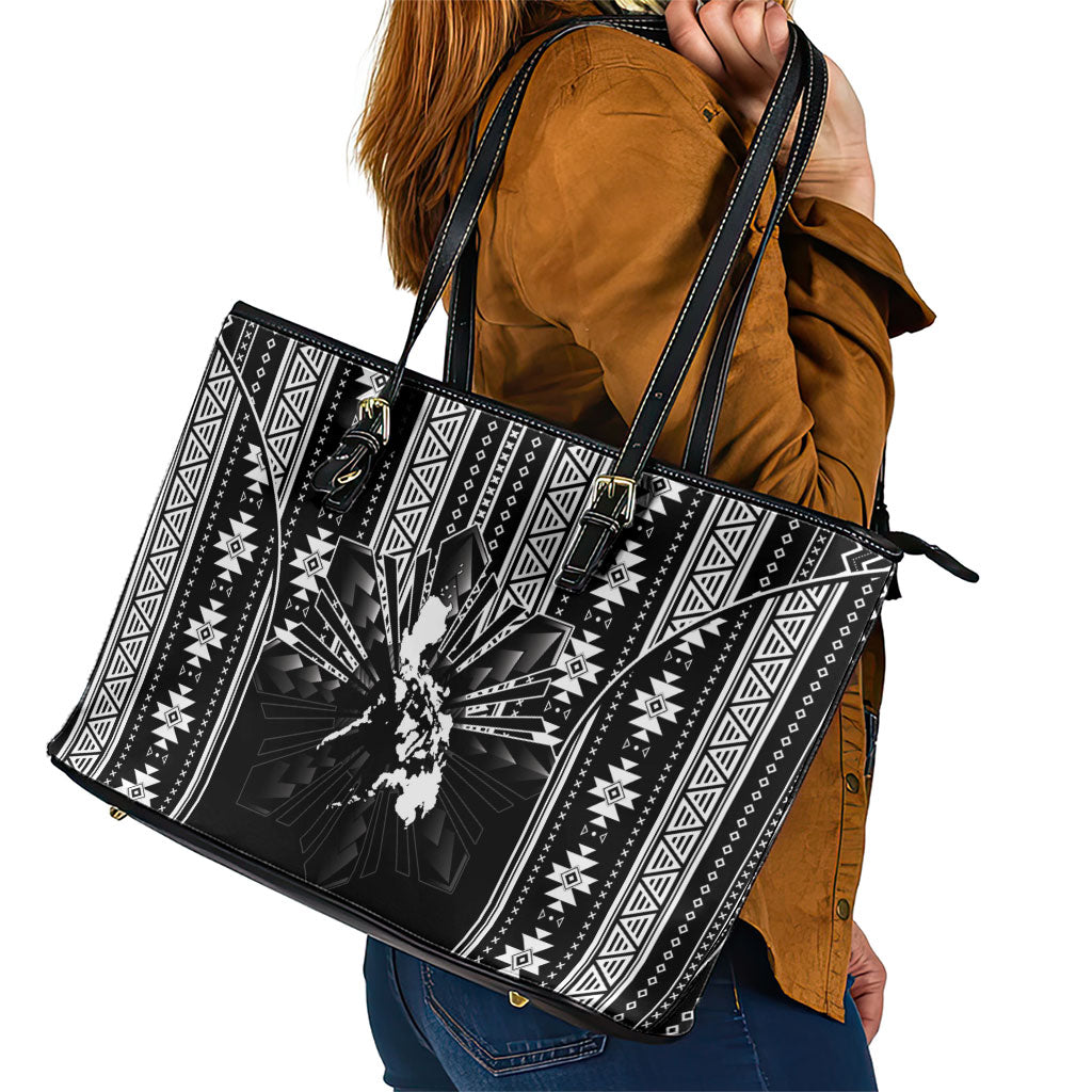 Mabuhay Philippines Festival Leather Tote Bag Filipino Map Black White Igorot Pattern