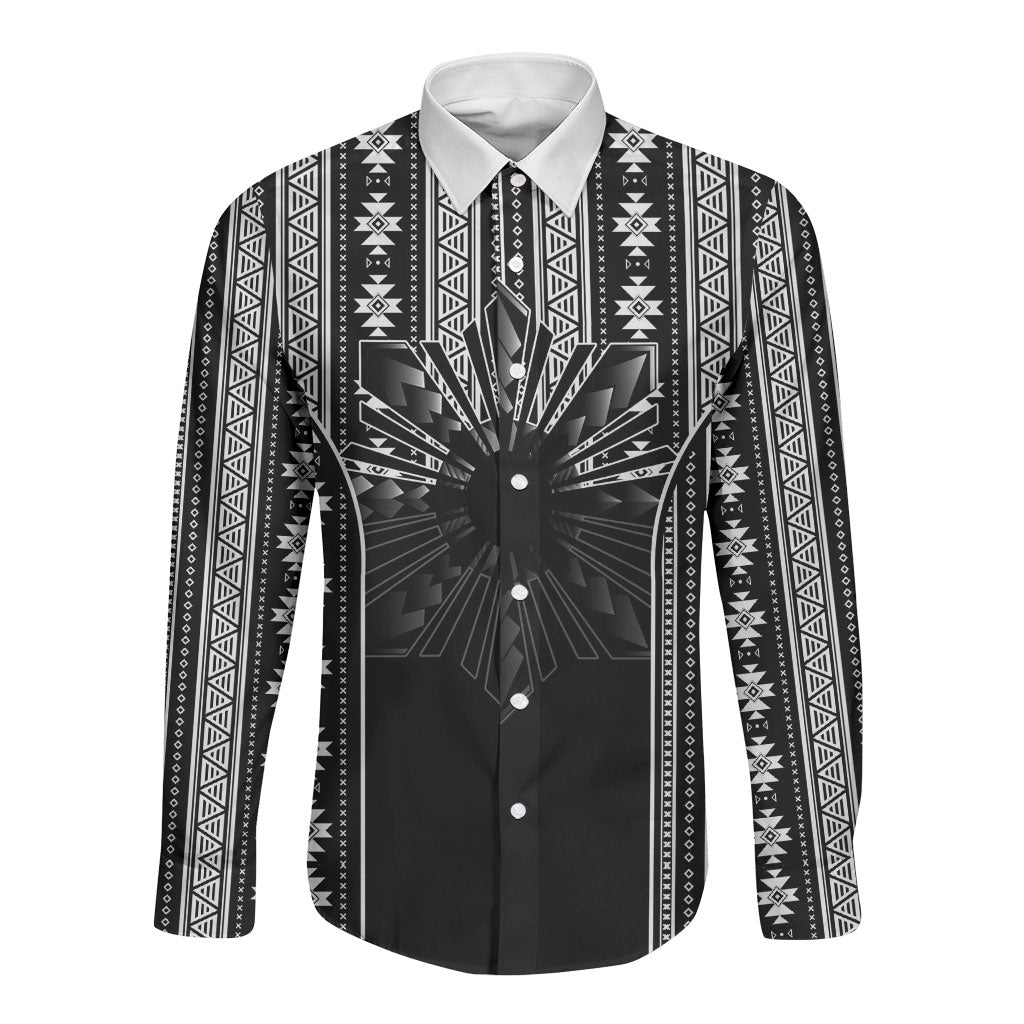 Mabuhay Philippines Festival Long Sleeve Button Shirt Filipino Map Black White Igorot Pattern