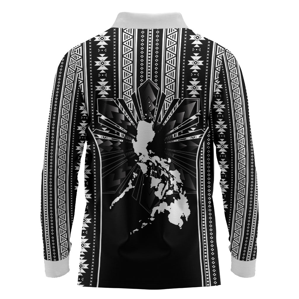 Mabuhay Philippines Festival Long Sleeve Polo Shirt Filipino Map Black White Igorot Pattern