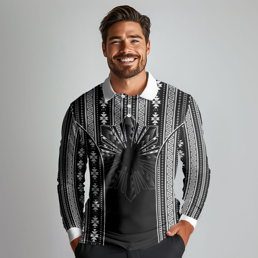 Mabuhay Philippines Festival Long Sleeve Polo Shirt Filipino Map Black White Igorot Pattern