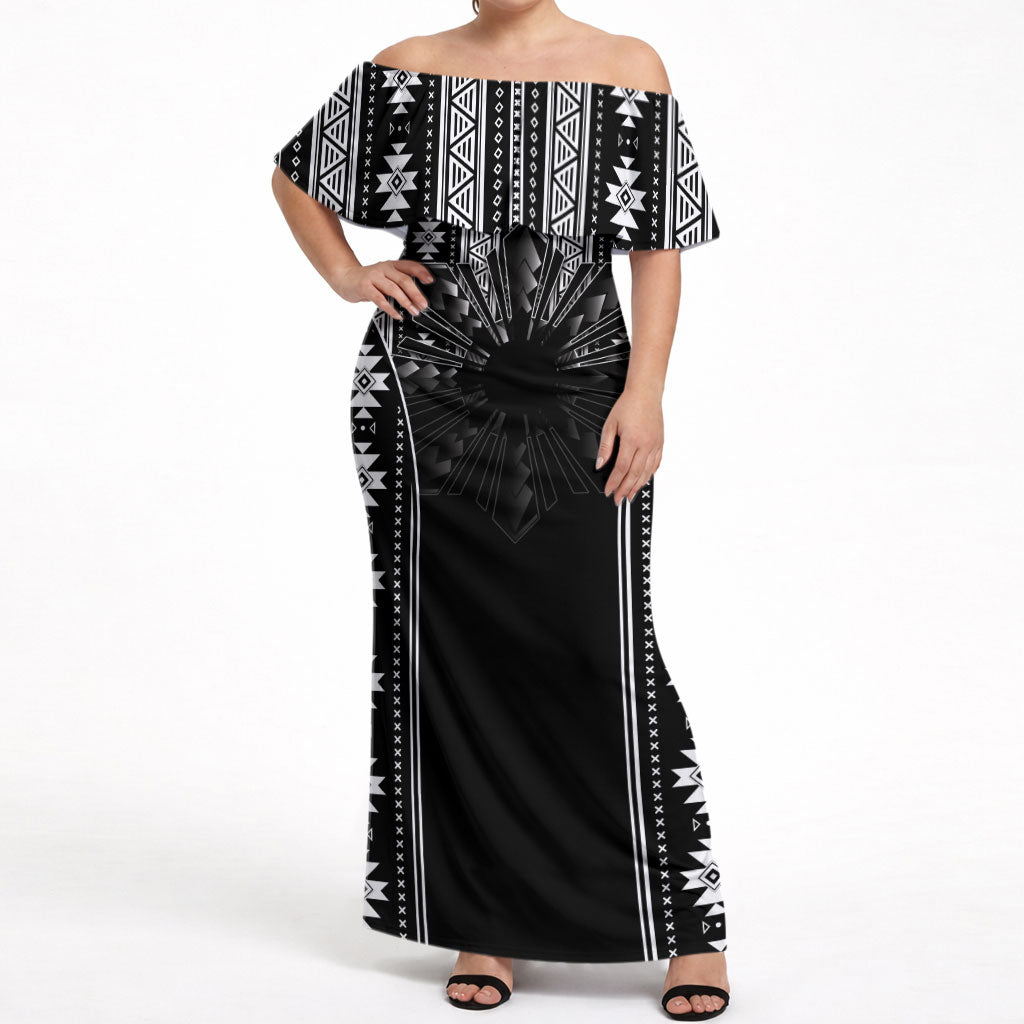 Mabuhay Philippines Festival Off Shoulder Maxi Dress Filipino Map Black White Igorot Pattern