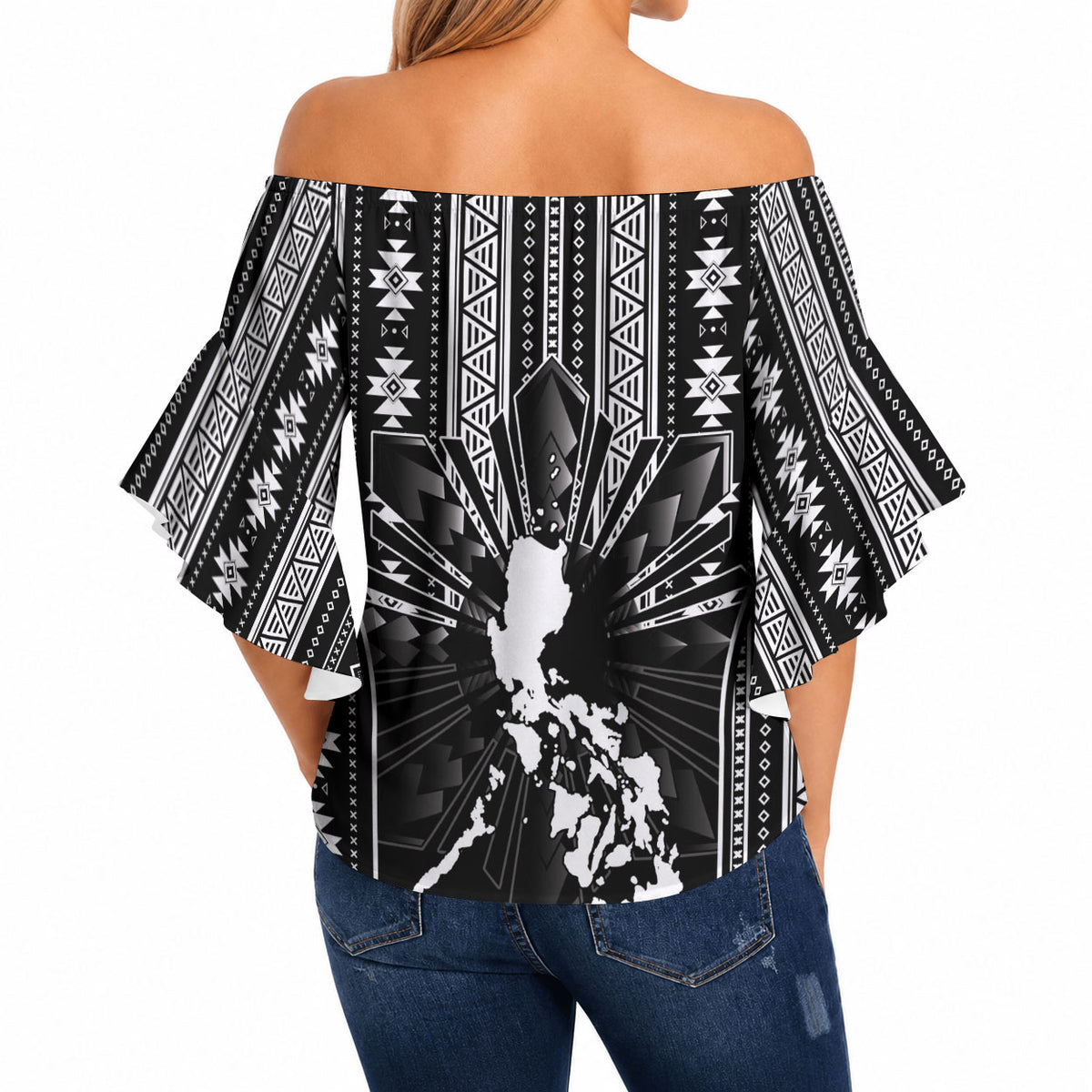 Mabuhay Philippines Festival Off Shoulder Wrap Waist Top Filipino Map Black White Igorot Pattern