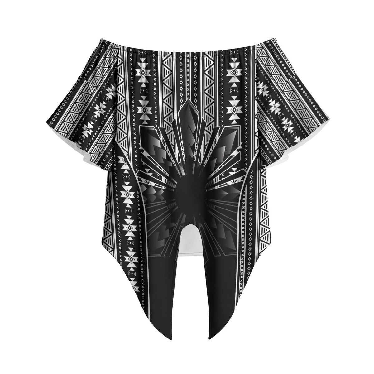 Mabuhay Philippines Festival Off Shoulder Wrap Waist Top Filipino Map Black White Igorot Pattern