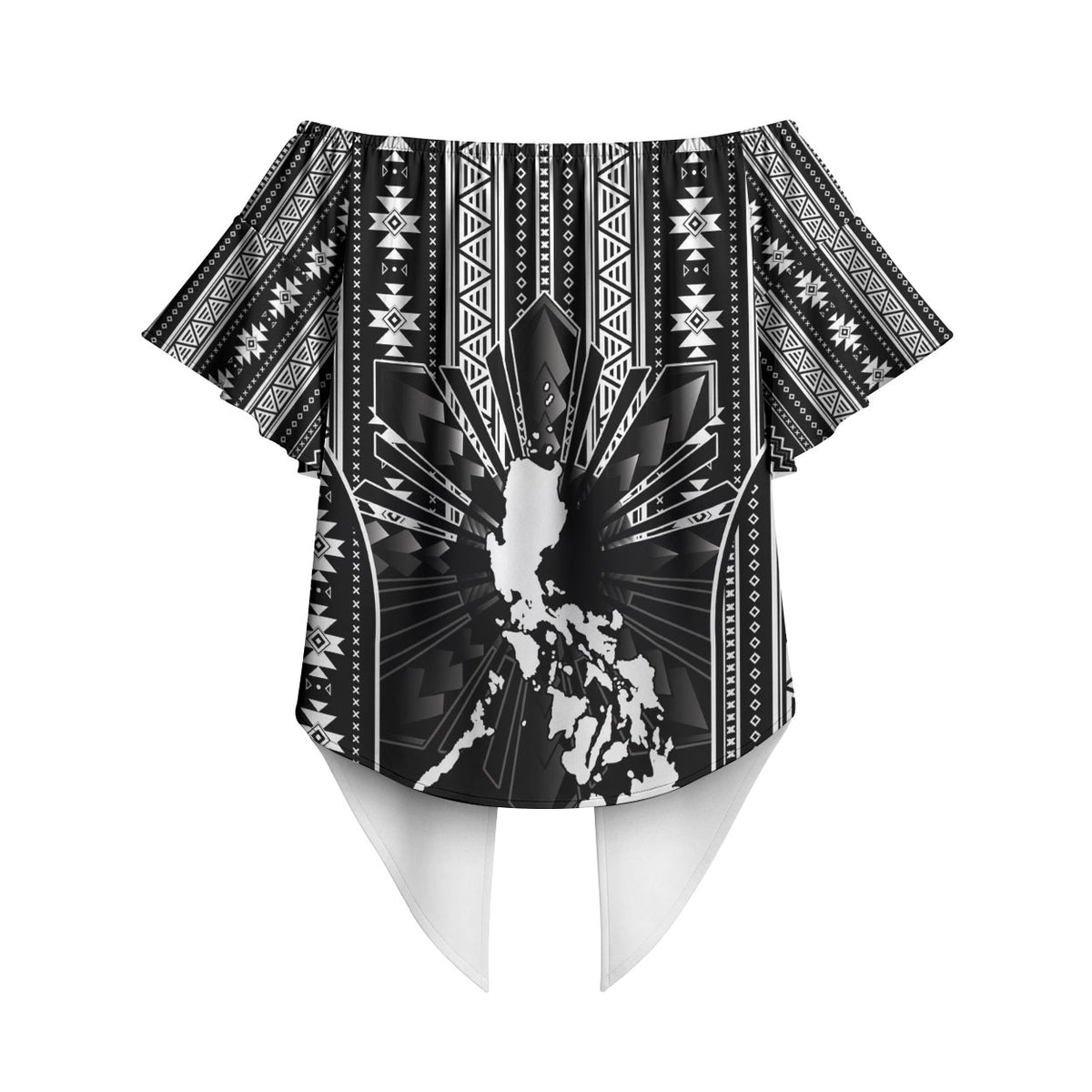 Mabuhay Philippines Festival Off Shoulder Wrap Waist Top Filipino Map Black White Igorot Pattern
