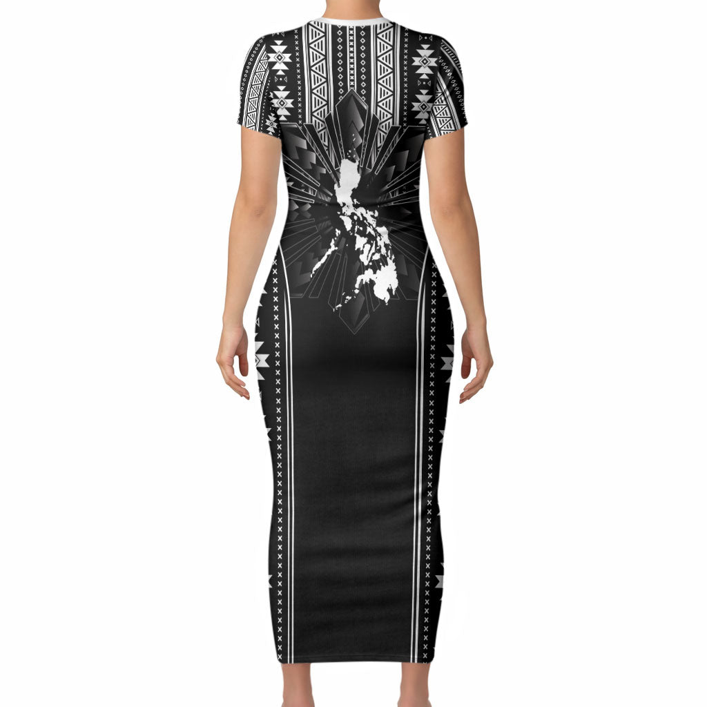 Mabuhay Philippines Festival Short Sleeve Bodycon Dress Filipino Map Black White Igorot Pattern