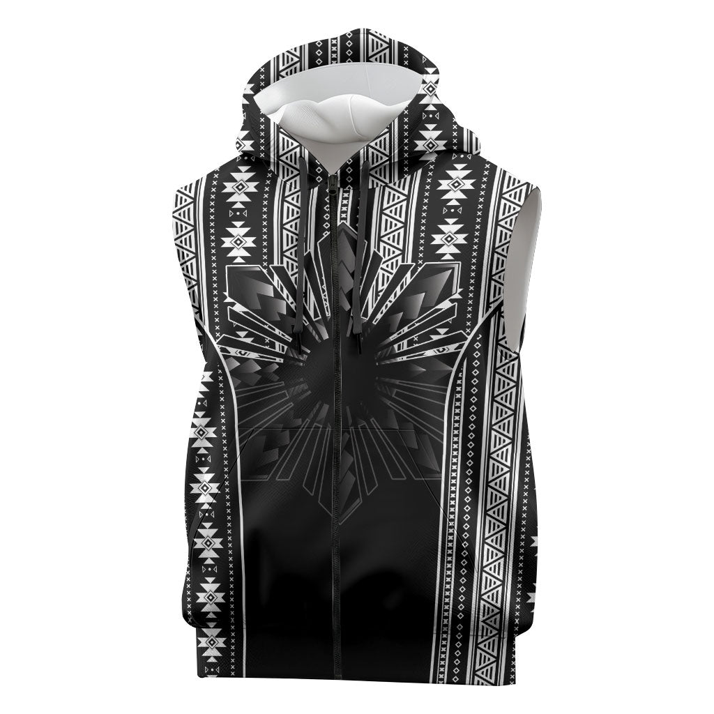 Mabuhay Philippines Festival Sleeveless Zip Hoodie Filipino Map Black White Igorot Pattern
