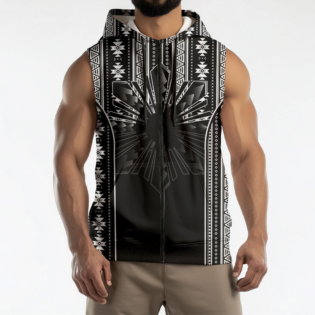 Mabuhay Philippines Festival Sleeveless Zip Hoodie Filipino Map Black White Igorot Pattern