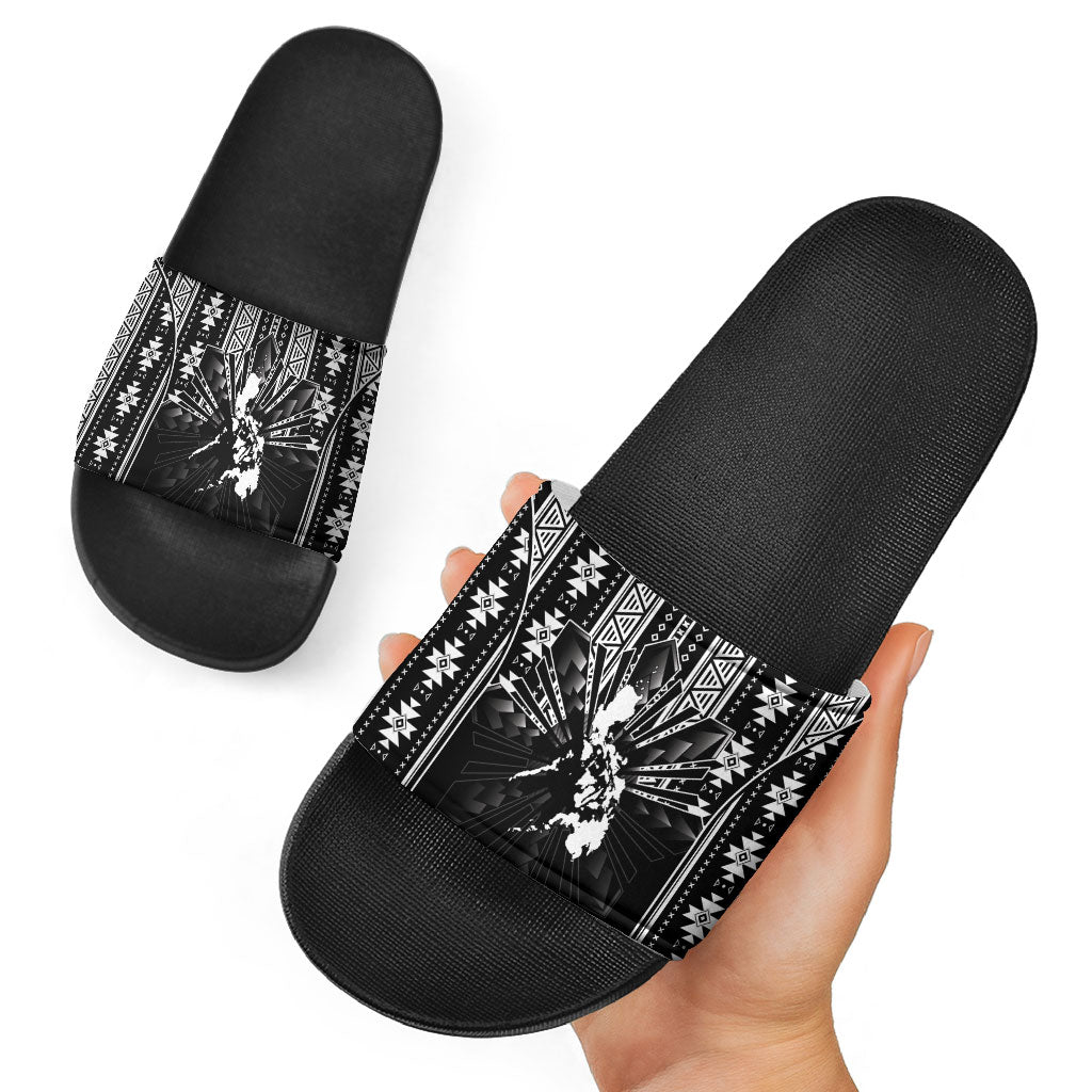 Mabuhay Philippines Festival Slide Sandals Filipino Map Black White Igorot Pattern