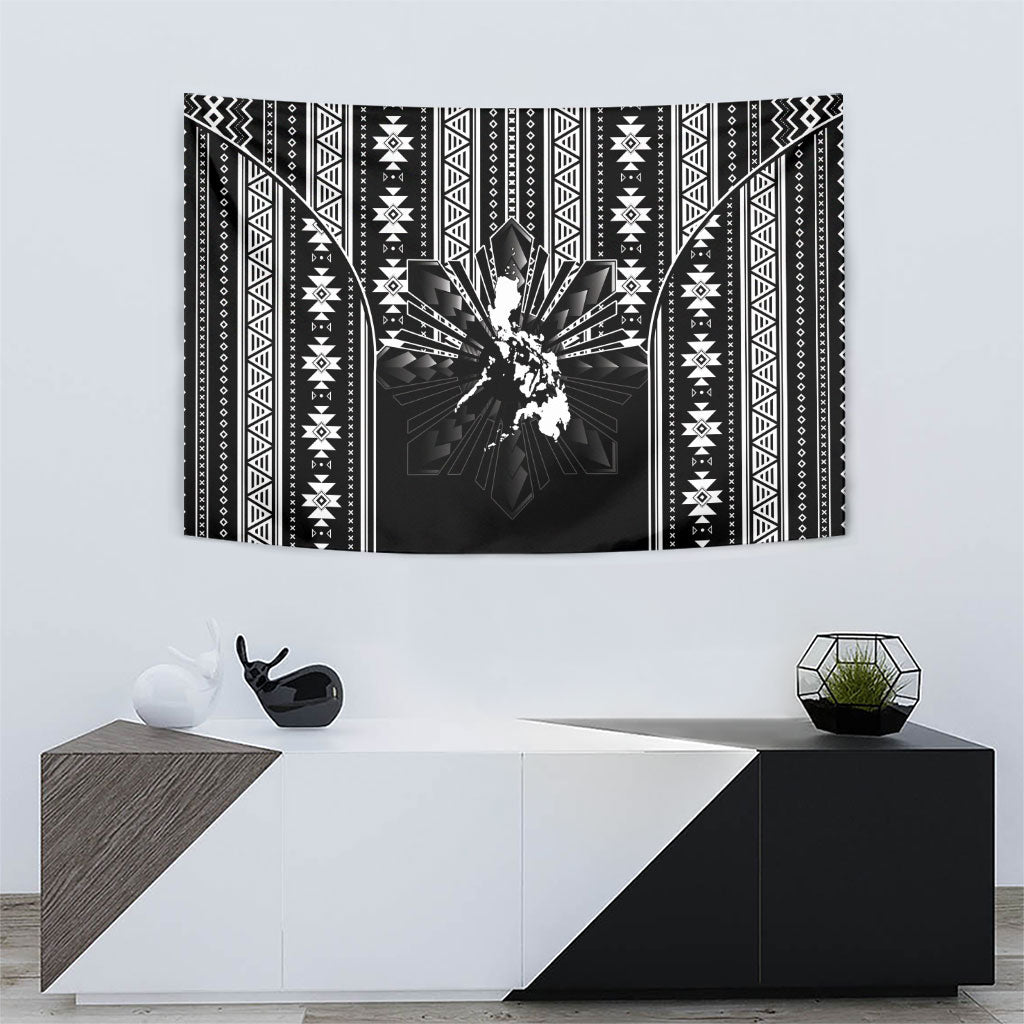 Mabuhay Philippines Festival Tapestry Filipino Map Black White Igorot Pattern