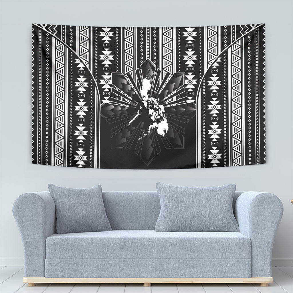 Mabuhay Philippines Festival Tapestry Filipino Map Black White Igorot Pattern