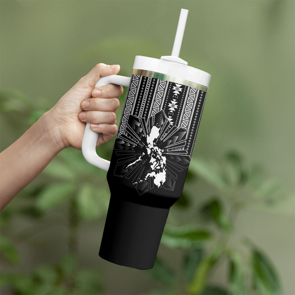 Mabuhay Philippines Festival Tumbler With Handle Filipino Map Black White Igorot Pattern