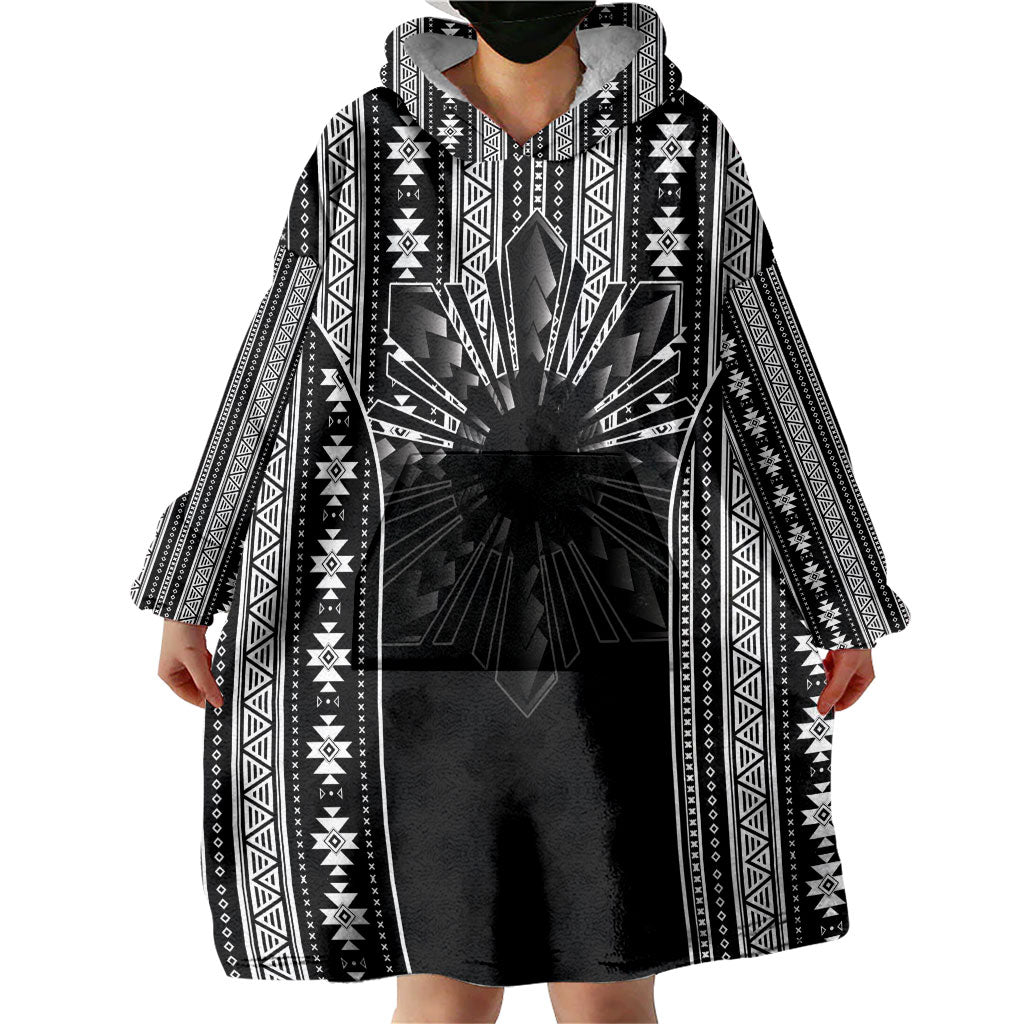 Mabuhay Philippines Festival Wearable Blanket Hoodie Filipino Map Black White Igorot Pattern