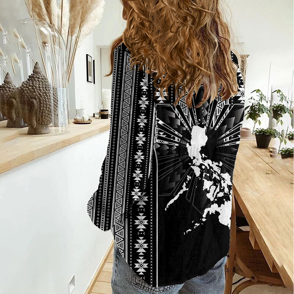 Mabuhay Philippines Festival Women Casual Shirt Filipino Map Black White Igorot Pattern