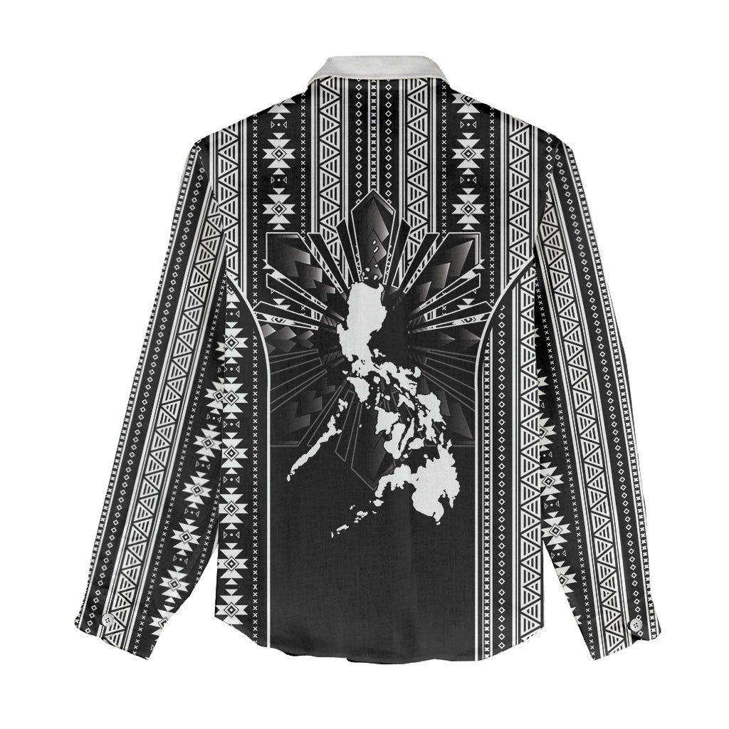 Mabuhay Philippines Festival Women Casual Shirt Filipino Map Black White Igorot Pattern