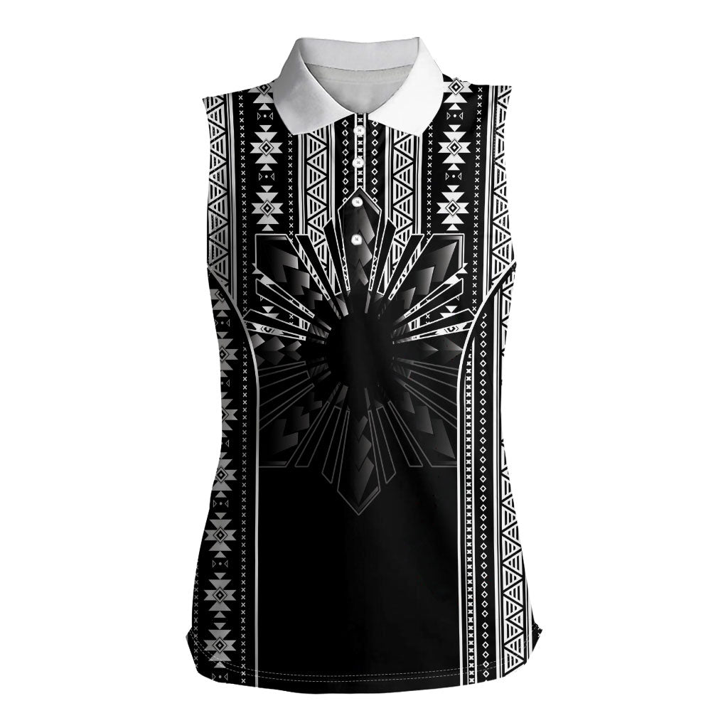 Mabuhay Philippines Festival Women Sleeveless Polo Shirt Filipino Map Black White Igorot Pattern