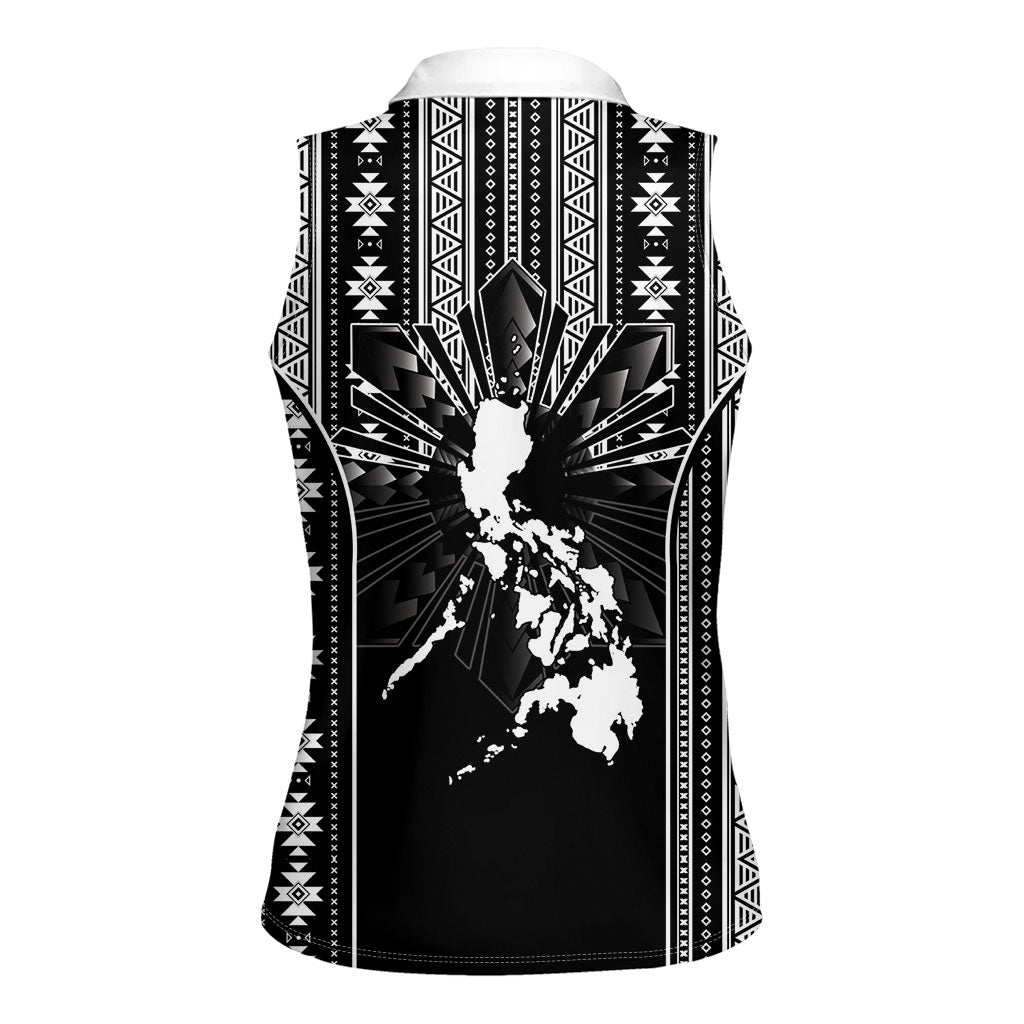 Mabuhay Philippines Festival Women Sleeveless Polo Shirt Filipino Map Black White Igorot Pattern