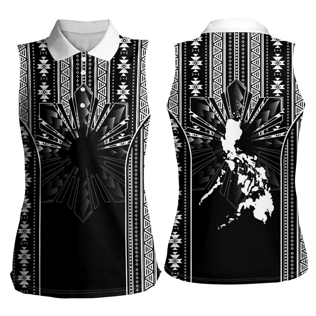 Mabuhay Philippines Festival Women Sleeveless Polo Shirt Filipino Map Black White Igorot Pattern